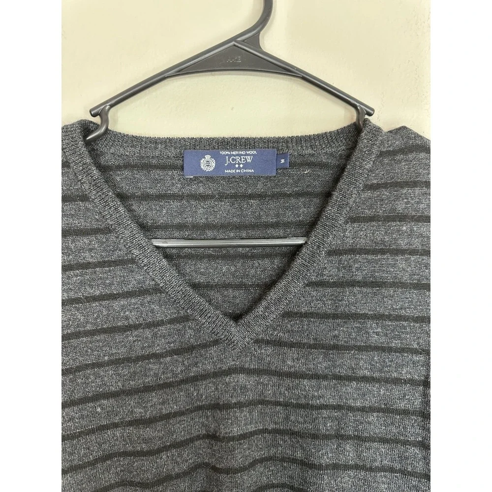 J.Crew 100% Merino Wool V-Neck Pullover Sweater‎ Gray Brown Striped Mens MEDIUM